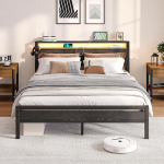 Voodiraam koos laadimisjaamaga, LED-valgustus, kaheinimesevoodi, k&uuml;lalisvoodi, metallvoodi, 160 x 200 cm, metallist voodiraam, noorte voodi lamelliraamiga musta peaplaadiga, magamistuppa, k&uuml;lalistetuppa