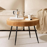 &Uuml;mmargune puidust kohvilaud, lineaarse disainiga elutoa laud, mustade metalljalgadega puidust kohvilaud, kaasaegne talum&ouml;&ouml;bel elutoas, helepruun kohvilaud, l&auml;bim&otilde;&otilde;t 60 x