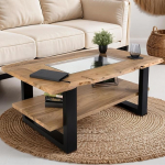 SAM Patrick kohvilaud 115 x 65 cm Diivanilaud riiuli ja klaasist lauaplaadiga, tahke akaatsiapuu + naturaalne v&auml;rv, musta U-metallist raamiga k&uuml;ljelaud, ehtne puukant