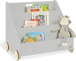PINOLINO Lasse Children's Bookcase with Wheels, Made of MDF, 3 Compartments, 1 Secret Compartment, Rubberised Wooden Wheels, for Children Aged 3 and Above, Grey