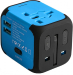 Milool universaalne reisimisadapter 2 USB pordiga USA, EL, UK, AU pistikupesad 150 riigile ja piirkonnale Sobib tahvelarvutitele, nutitelefonidele, digikaameratele, MP3-m&auml;ngijatele, sinine
