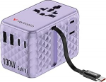 Verbatim GaN reisiadapter 100 W lilla, pistikupesa adapter integreeritud kaabliga ja 2 x USB-C, 2 x USB-A, 2 x USA/JP port, universaalne kiirlaadija s&uuml;learvutile, iPhone 17/16/15, &uuml;lemaailmne kasutamine
