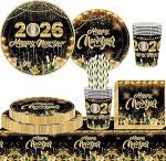 101 tk 2026 uusaasta &otilde;htupooliku lauan&otilde;ude komplekt, 2026 Happy New Year Party lauan&otilde;ud Must kuldne uusaasta 2026 Party lauan&otilde;ude dekoratsioon paberplaadid salvr&auml;tikud laudlinad tassid peotarvikud (uus