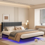 ARFARLY King Size Bed Frame Floating Bed Frame with LED Lights and Charging Station, Metal Platform Bed Frame King Size with Padded Headboard, No Box Spring Required, Steel Slat Support