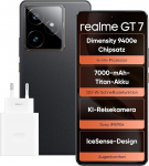 realme GT 7 nutitelefon, 5G Dual SIM, 12GB RAM, 256GB ROM, 6,8-tolline AMOLED-ekraan, Dimensity 9400e tippkiibistik, 7000mAh Titanium aku, 50MP kaamera, IceSense Black (koos laadijaga)