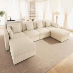 U-kujuline nurgadiivan, modulaarne elutoa kombinatsioon, kuuekohaline diivan reguleeritavate k&auml;etugedega ja eemaldatava tugitooliga, Corduroy kangas, sobib elutuppa ja magamistuppa (beež)