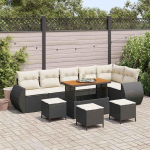 Gartensofa-Set 9-teilig Schwarz Poly Rattan mit Kissen - Outdoor-Sofa-Garnitur 9-teilig als Terrassenm&ouml;bel-Set 9 St&uuml;cke aus Poly Rattan