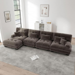 Modulares Ecksofa, L-f&ouml;rmiges Couch Set f&uuml;r Wohnzimmer, 4-Sitzer Komfortable Cloud Couches mit beweglichem Ottoman, DIY-Kombinatsioon, Braun Chenille