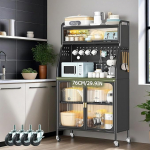 K&ouml;&ouml;gikapp must t&ouml;&ouml;tasapinnaga ja ratastega, 76 x 36 x 160 cm, liikuv metallkapp 2 ukse ja reguleeritavate riiulitega, kaasaegse stiiliga buffetkapp k&ouml;&ouml;ki, elutuppa, s&ouml;&ouml;gituppa
