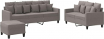 3-TLG. Sofagarnitur mit Kissen Taupe Stoff, strapazierf&auml;hige Couchgarnitur mit dick gepolsterten Sitzfl&auml;chen und Armlehnen, inklusive vielseitigem Fu&szlig;hocker, stabiles Gestell