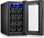 Kleiner Thermostat-Weink&uuml;hlschrank, 8-Flaschenkapazit&auml;t, einstellbare Temperatuur 12-18&deg;C, LED-Touchscreen, leiser Betrieb mit Glast&uuml;r