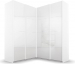 Rauch M&ouml;bel Quadra Corner Wardrobe, Sliding Door Wardrobe, High Gloss White/White, 4 Doors, Includes 2 Clothes Rails and 12 Shelves, 181 x 229 x 187 cm (W x H x D)