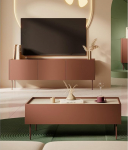 Home Furniture Set Wall Unit in Red with Oak, 2-Piece with Coffee Table, Lowboard, Modern, Handle-Free