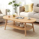 Moderner ovaler runder Couchtisch mit Ablageregal aus Holz, stilvolle Wohnzimmerm&ouml;bel, kompaktes Design f&uuml;r Wohnungen, nat&uuml;rliches Finish