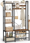 VASAGLE HSR426B01 mantlihoidja koos kingapangaga, 5 riiulit puitlaastplaadist, 9 kolmekordset konksu, 6 k&uuml;lgkonksu, 40 x 120 x 190 cm, Vintage Brown/Tintamust v&auml;rviga