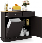 GOPLUS K&uuml;chenschrank aus Holz, Sideboard mit gro&szlig;er Arbeitsplatte & 2 Schubladen & T&uuml;rschrank & M&uuml;lltierhalter, Kommode mit Kippsicherung, f&uuml;r K&uuml;che & Esszimmer & Badezimmer, ohne M&uuml;lleimer (Braun)
