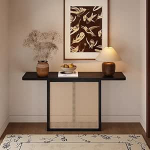 Moderner Konsolentisch im Landhausstil - T-f&ouml;rmiger Eingangsschreibtisch aus Holz, schmaler Sofatisch im Industriestil mit geometrischen Metallbeinen f&uuml;r Flur und Wohnzimmer (Schwarz, 47,2 Z