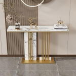 Moodne konsoollaud, diivanilaud loomingulise alusega, ristk&uuml;likukujuline sissep&auml;&auml;sulaud kiltkivist lauaplaadiga, laius 30 cm kohvilaudade taga (kuldne 4,100 x 30 x 80 cm)