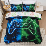 Meeting Story Boys 5 Piece Bedding Set Queen Size Green and Blue Game Console Crib in a Bag Soft Lightweight Video Game Pad Bedroom Set (Teal)