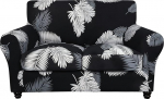 SearchI Stretch Sofa Cover Printed Floral Pattern 3 Pieces Two Seater Slipcover with 2 Separate Pillow Cases,Washable Furniture Protector for Living Room (Two Seater, Black+Feather)