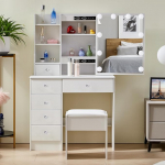 Riietuslaud koos valgustuse ja tugitooliga, riietuslaud peegli ja 6 sahtliga, kosmeetikalaud LED-valgusega, 3 v&auml;rvitemperatuuri ja reguleeritava heledusega, kaasaegne, 36 x 80 x 131 cm.