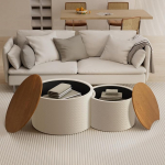 Komplekt 2 &uuml;ksteise k&uuml;ljelaua koos hoiuruumiga, kaasaegsed &uuml;mmargused kohvilaudad ja k&uuml;ljelauad nahast elutuppa, &uuml;mmargune trummel k&uuml;ljelaua komplekt ilma kokkupanekuta v&auml;ikestesse ruumidesse, valge