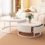 &Uuml;mmargune kohvilaud, valge, 2 tk, marmorist kohvilaud koos hoiuruumiga, sahtliga, kaasaegne elutoa laud, &uuml;mmargune kohvilaud, valge metallraamiga, laud, elutuba, diivanilaud