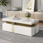 HAINEW kaasaegne kohvilaud PVC mustriga ja 2 puidust sahtlit, ristk&uuml;likukujuline elutoa laud, k&uuml;ljelaud elutuppa, 100 x 50 x 40 cm (valge-uus)