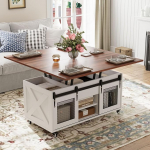 VOWNER kohvilaud reguleeritava k&otilde;rgusega, 3-in-1 multifunktsionaalne elutoa laud ratastega ja varjatud hoiukohaga, muudetav elutoa s&ouml;&ouml;gilaud, talu stiilis (p&auml;hkli v&auml;rvi puidumassiiviga)