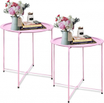 Garden 4 sa Metal Side Table, 2 Pack Pink Round Round Folding Sofa Small Accent Folding Table Round Side Table Beside Diivan Table Snack Table for Living Room
