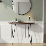 Puidust poolkuu konsoollaud, poolringikujuline k&uuml;ljelaud metallist jalgadega, kitsas sissep&auml;&auml;sulaud elutuppa, esikusse, fuajeesse ja sissep&auml;&auml;sualasse (80 x 25 x 80 cm)