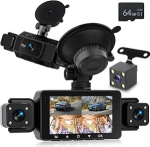 NHOPEEW 4-kanaliline WiFi Dash Cam koos esi- ja tagantvaate kaamera, &ouml;ise n&auml;gemise, loop salvestamise, G-sensoriga, tagurdusabiga, liikumistuvastusega + 64GB m&auml;lukaart.