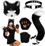 Rebase kost&uuml;&uuml;m, must, karvane kost&uuml;&uuml;mi saba, mask, kindad, krae, rebase mask komplekt Halloweeni peole, Cosplay, karneval, j&otilde;ulud, maskeraadi aksessuaar.