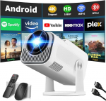 App int&eacute;gr&eacute;e: Vid&eacute;oprojecteur 1080P FHD, Mini Projecteur Video Avec WiFi 6 Bluetooth 5.2, Portable Projecteur 4K Dual Control Avec Support&eacute; 180&deg; Rotation Android TV/USB/PC, Avec HDMI et Souris, Blan