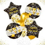 NYE Luftballons mit Aufschrift "Happy New Year", 2026 Dekorationen, 10 St&uuml;ck, Schwarz und Gold mit verschiedenen Formen f&uuml;r Partyzubeh&ouml;r, Aluminiumfolienballon f&uuml;r das n&auml;chste Jahr, Party-Dekorationen