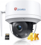 Ctronics 4K 8MP WiFi v&auml;livalvekaamera, inimeste/liikurite/loomade tuvastamine, auto j&auml;lgimine, UHD IR &ouml;&ouml;n&auml;gemine, 8 eelseadistust, PC/rakendus, 64GB SD kaasa arvatud, 2.4/5GHz, 256GB SD/FTP/Pilv, laealune