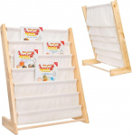 Montessorian puidust raamaturiiul, riiulim&ouml;&ouml;bel lastetuppa lihtsa juurdep&auml;&auml;suga taskute abil, mis on valmistatud pehmest puuvillasest kangast, naturaalne puidust raamaturiiul lastele, 62,5 &times; 30 &times; 79 m