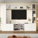 Wohnwand Wohnzimmer, TV-Schrank, Wohnzimmer M&ouml;bel Set (Komplett-Set, 4-St), TV-Board (Vitrinen) + Standregal + 2 Wandregale (Stehend/h&auml;ngend), f&uuml;r TV bis 80", 180x35x33.5cm (Wei&szlig;)