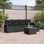 6-TLG. Garten Sofa Garnitur Schwarz mit PE Rattan und Akazienholz Tisch inklusive praktischer Ablage