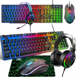 Gaming Keyboard Headset & Mouse Set, 104 klahvi Rainbow Backlit UK Layout Keyboard 2400DPI Mouse 7.1 Surround Sound RGB Lightweight Honeycomb Headset Mouse Pad Combination for PS4 Xbox (Need Adapter)