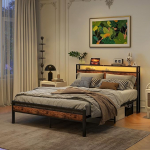 King Size voodiraam ladustamise puidust pealae ja laadimisjaama / LED tuled, metallist platvormvoodiraam, King Size voodiraam, ei vaja kastivedrusid, tugevat lamellidega tuge