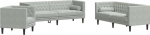 3-TLG. Chesterfield-Sofa-Set Hellgrau Samt mit Nackenrollen, dick gepolsterte Sitzfl&auml;chen und R&uuml;ckenkissen, Knopftuft-Design, stabile Beine, bequemes Sitzerlebnis.