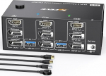 8K@60Hz 4K@144Hz KVM Switch 2 PC 3 monitori, KVM Switch kolm monitori 4 USB 3.0 pordiga, toiteallikas, juhtmega kaugjuhtimispult ja HDMI DisplayPort USB kaablid koos