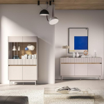 Lomadox Living Furniture Set in Matt Cashmere with Oak Groove Detail, Sideboard & Highboard Including Lighting, 2 Pieces