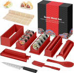 SKYSER Sushi Maker Set, 12 Items Sushi Maker Kit for Beginners to Make Yourself, Can Be Used as a Sushi Plate with Rice Roll Shapes, Knife, Sushi Rolling Mat (Red)