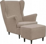 Domidekor Wing Chair Cover & Ottoman Protective Cover - Arm Chair Cover Stretch + Upholstered Stool Beige - Strandmon Arm Chair Cover and Stool Cover - Elastic Velvet Velour Dirt-Repellent - Oeko-Tex