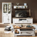 Lomadox seinakomplekt koos kohvilaudadega, valge m&auml;nd ja Artisan Oak Nb. Vitriinkapp koos LED-ga