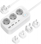 Maailma reisimisadapter, Power Strip 3 sektsiooni 4 USB-ga (2 USB A, 2 USB C), Saksamaa ja USA/UK/AU/India/L&otilde;una-Aafrika adapteripesa 1,5 m Euroopast USAsse Mehhikosse, Austraaliasse, Taisse ja HK-sse