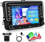 Apple CarPlay autoraadio 4G+64G VW/Seat/Skoda/Passat/Golf/Polo, traadita CarPlay & Android autoraadio, 7-tolline HD puuteekraan, 2-DIN Bluetooth raadio, GPS/SWC/FM/RDS/USB + AHD tagantvaate kaamera