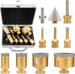 SHDIATOOL teemantpuuripuuride komplekt - 10 tk (6/8/10/25/35/50/65 mm puur/10 mm s&otilde;rmepuur/50 mm faasipuur/50 mm / Hex Shank Adapter) portselanile, keraamikale, graniidile.